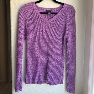 Womens M Sweater Purple Y2K 90s Ribbed V Neck Marled Ramie‎ Cotton Knit Vinage
